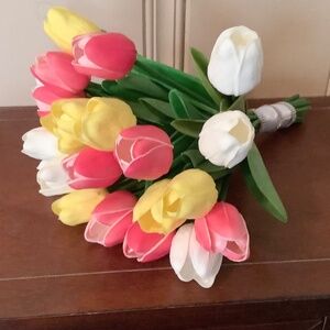 24 stem Yellow, white and pink tulip wedding bouquet